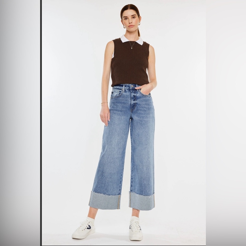 Kancan High Rise Wide Leg Cropped Jeans Cuffed Hem Size 13 / 30